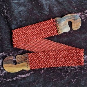 Vintage Erik & Mike Beaded Stretch Belt, Interlocking Wooden Clasp, Red